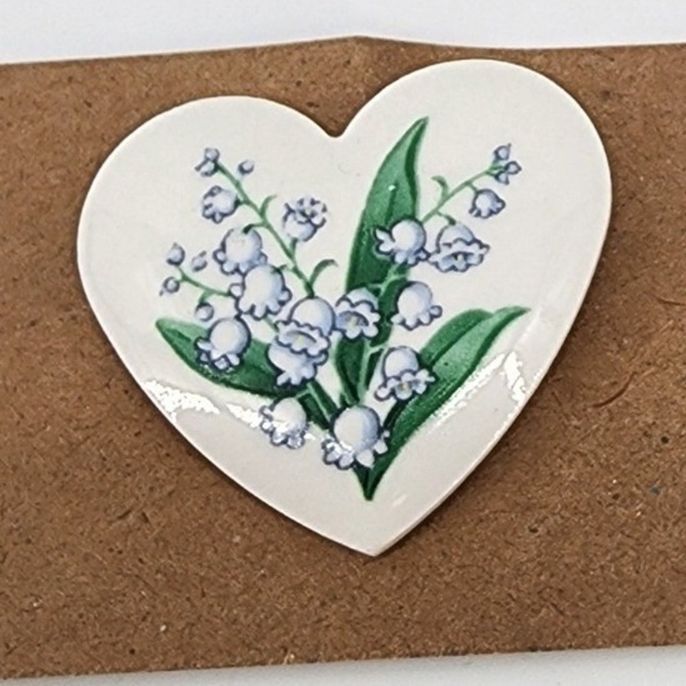 Lily of the Valley Heart Ceramic Brooch Pin White Floral Botanical Cottagecore